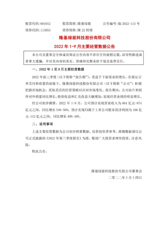 隆基綠能：營(yíng)收或超864億，預(yù)計(jì)前三季凈利或在106億元-112億元之間