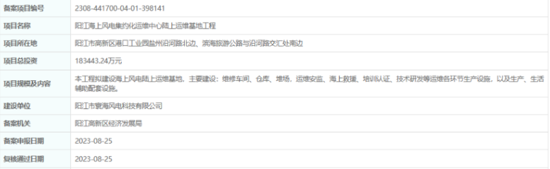 總投資超18億，陽江海上風電集約化運維中心陸上運維基地工程備案通過